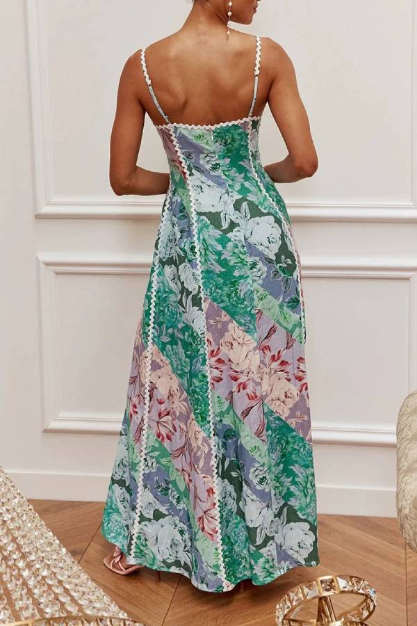 Monet Garden Watercolor Floral Print Lace Trim Maxi Dress