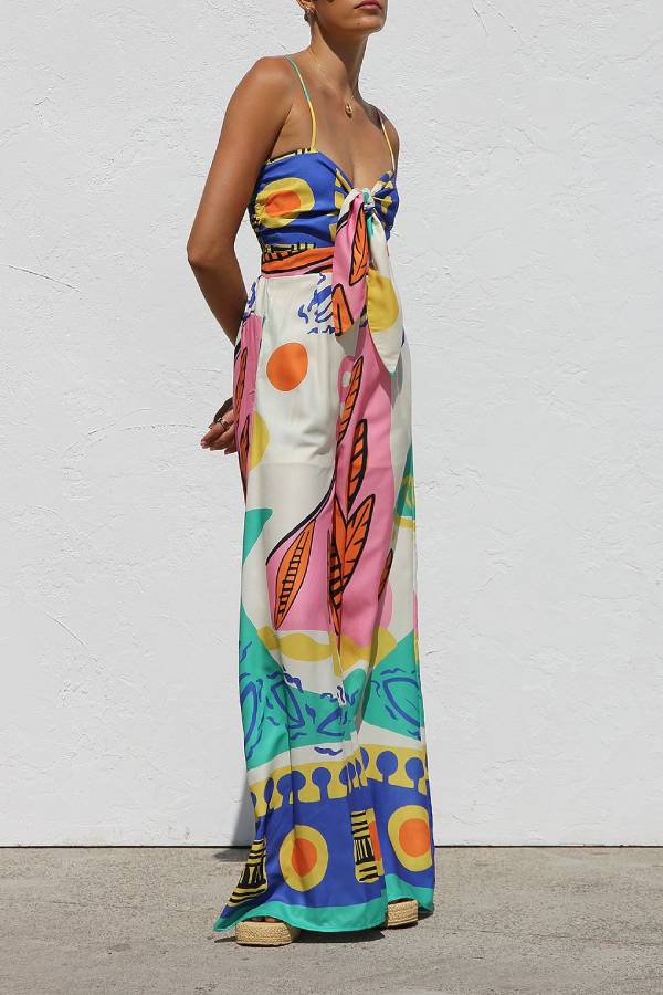 Unique Printed Back Pleated Suspenders Loose Pocket Wide-leg Jumpsuit