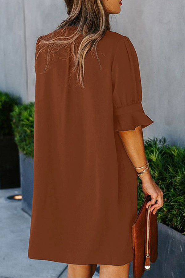 Solid Color Loose Casual V Neck Short Sleeve Knee Length Dress