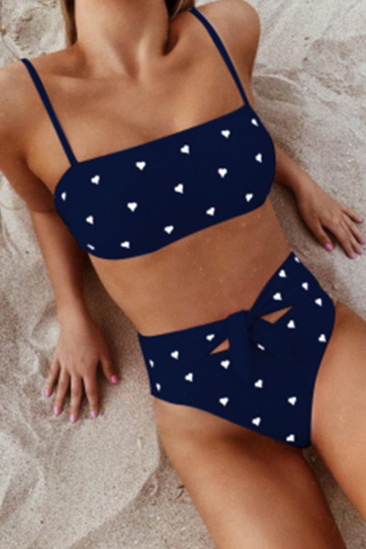 Heart-shaped Print Bandage Cutout Design Bikini Set (6 Colors) Dark blue