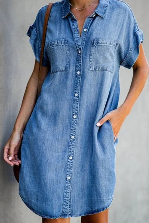 short sleeve slim denim midi dress Blue