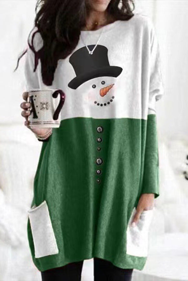 Snowman Print Long Sleeve Pocket Pullover Mini Dress 5