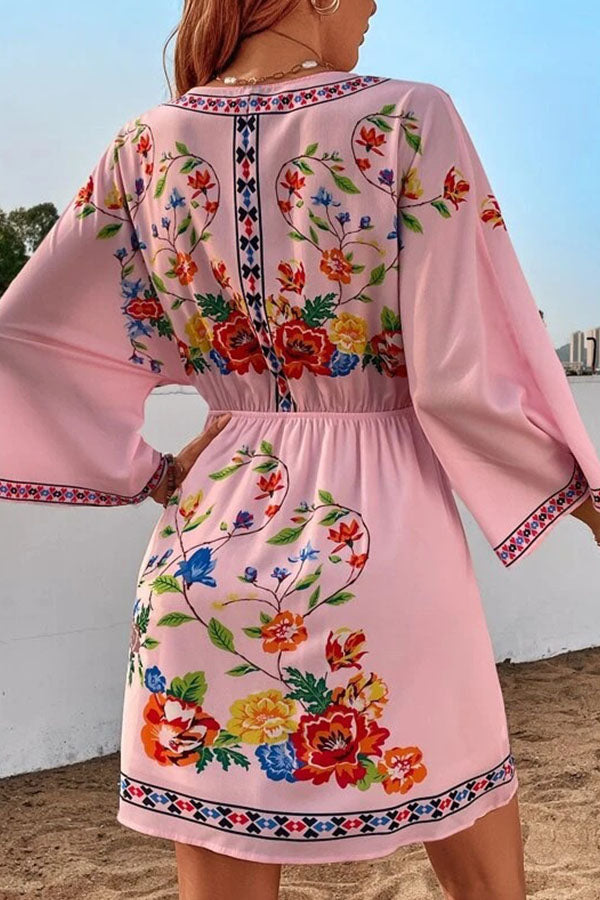 Bohemia Retro Ethnic Style Heavy Industry Print Temperament Slim Waist Slim Short Holiday Dress