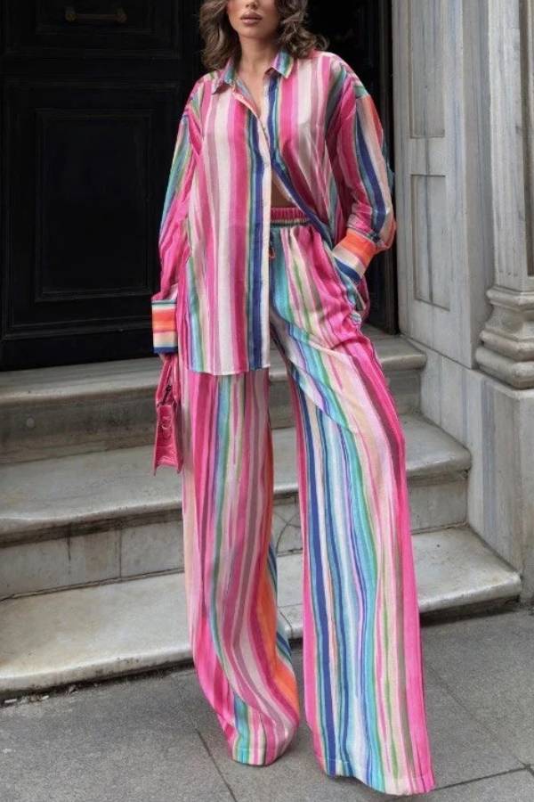 Colorful Stripe Loose Shirt & Wide‑Leg Pants Two‑Piece Set
