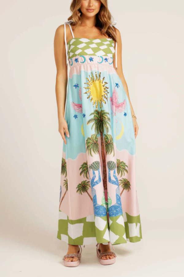 Elegant Goddess Hand-Painted Printed Maxi Dress Multicolor