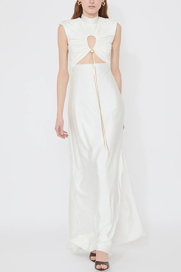 Genis Hollow Elastic Bust High Neck Sleeveless Gathered Maxi Dress White