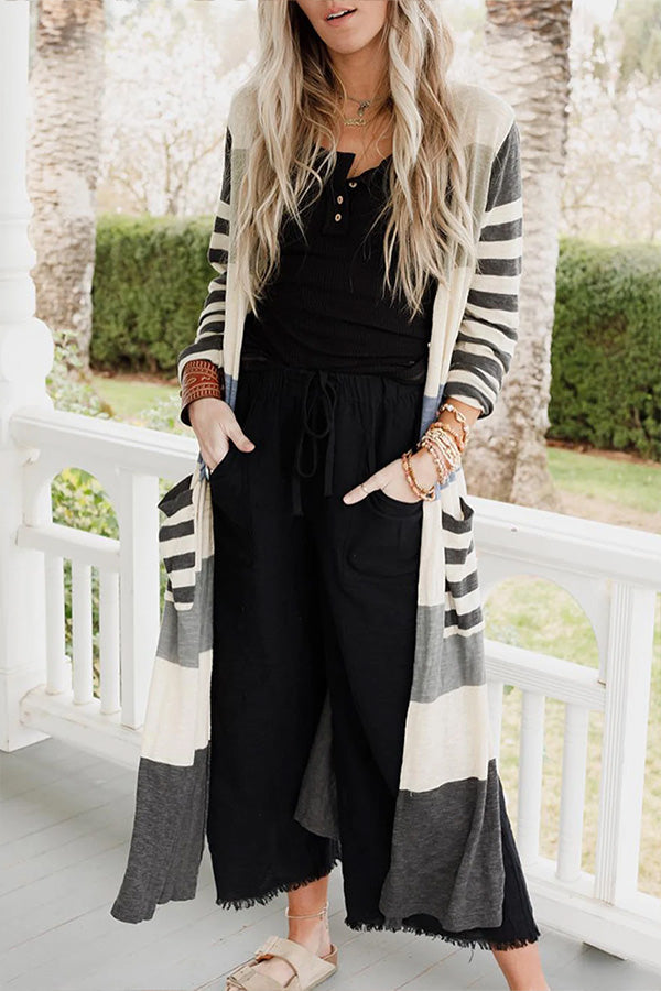 Striped Pockets Open Front Split Long Cardigan STRIPES