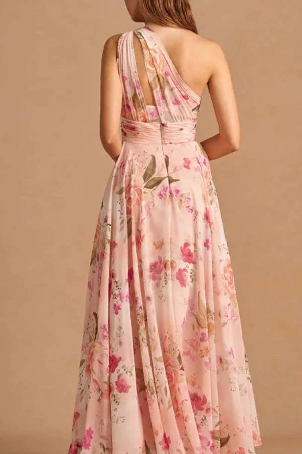 One Shoulder Pleated Watercolor Floral Chiffon Maxi Bridesmaid Dress