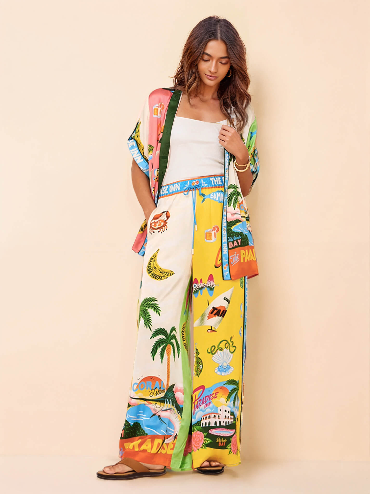 Sunny Beach Sommerstil bedrucktes zweiteiliges Set – Hose
