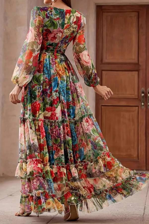 Vintage Oil Painting Floral Print V-Neck Puff Sleeve Tiered Ruffle Maxi Dress