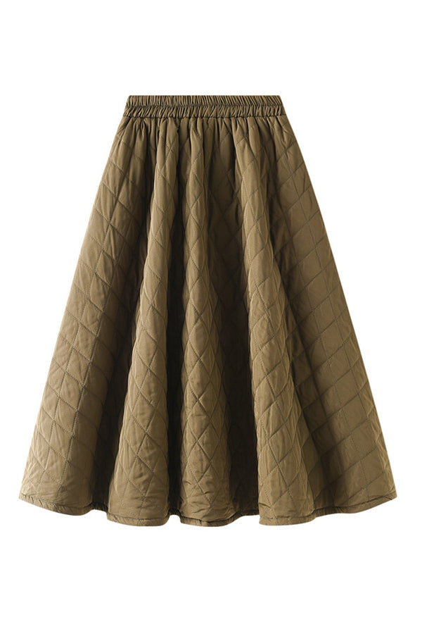 Elastic waist diamond woven quilted A-line slimming skirt Khaki one size