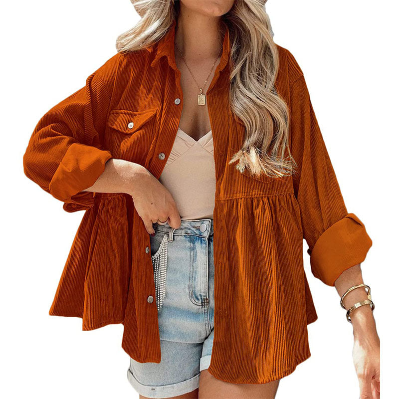 women's long sleeve corduroy ruffled shirt top button down shirt Orange