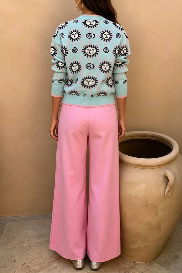Vintage Sun Jacquard Knit Cardigan & High Waist Wide‑Leg Pants Two‑Piece Set
