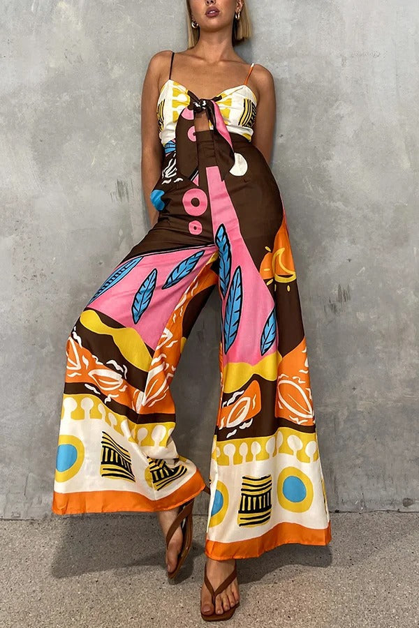 Unique Printed Suspenders Hollow Waist Wide-leg Jumpsuit