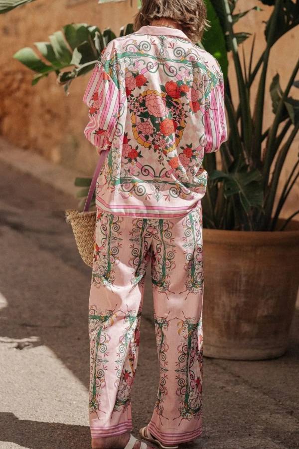 Printed Button Up Shirt and Pants Set