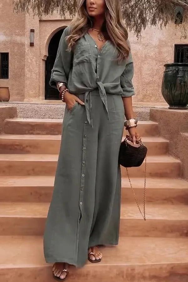 Ensemble chemise boutonnée décontractée à revers de couleur unie et pantalon ample à poches fendues