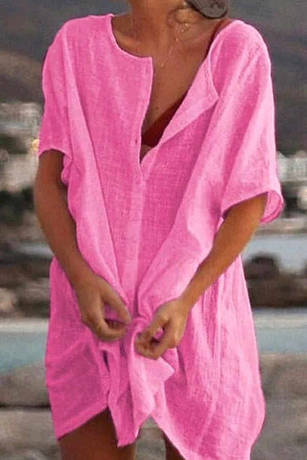 Loose solid color short-sleeved shirt dress beach sun protection clothing Pink