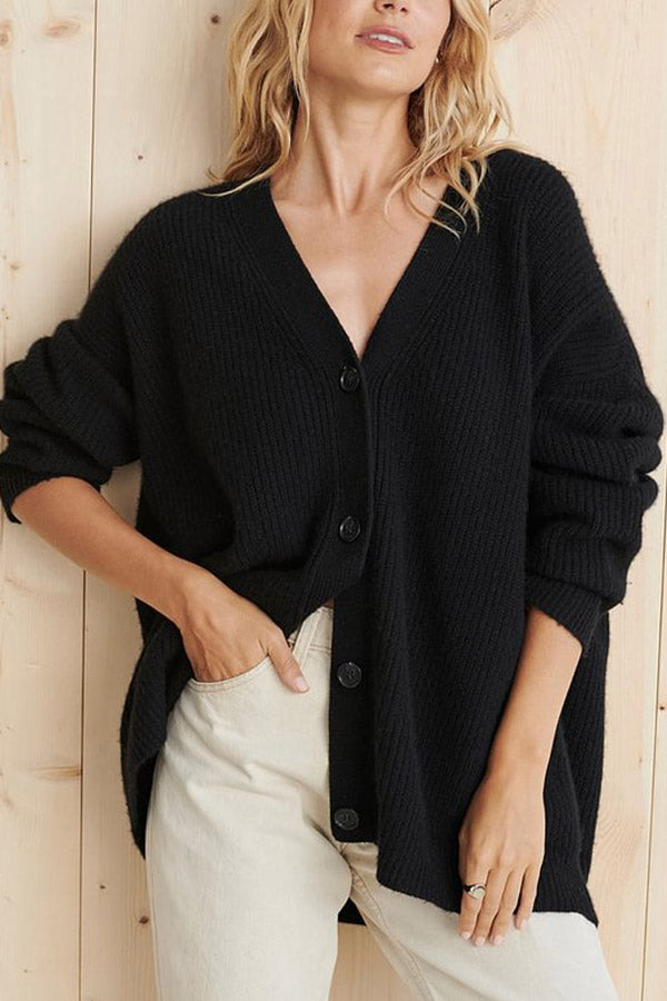 Mountain View Knit Ribbed Button Relaxed Cardigan Black