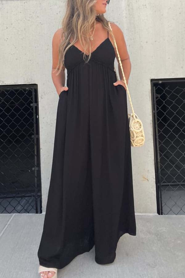 Effortless Back Tie-up Pocketed Wide Leg Cami Jumpsuit