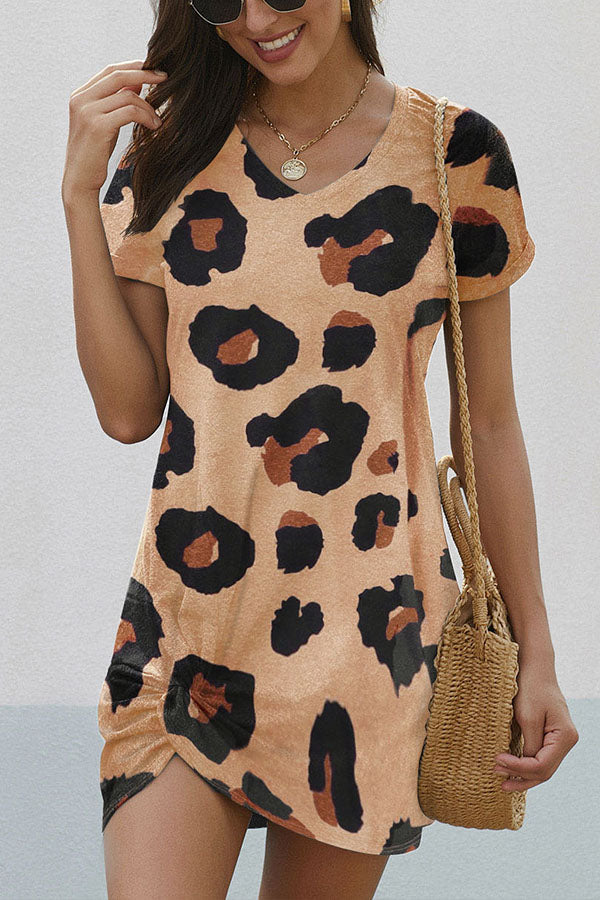 Casual V Neck Twist Hem Short Sleeve Leopard Print Dress LEOPARD