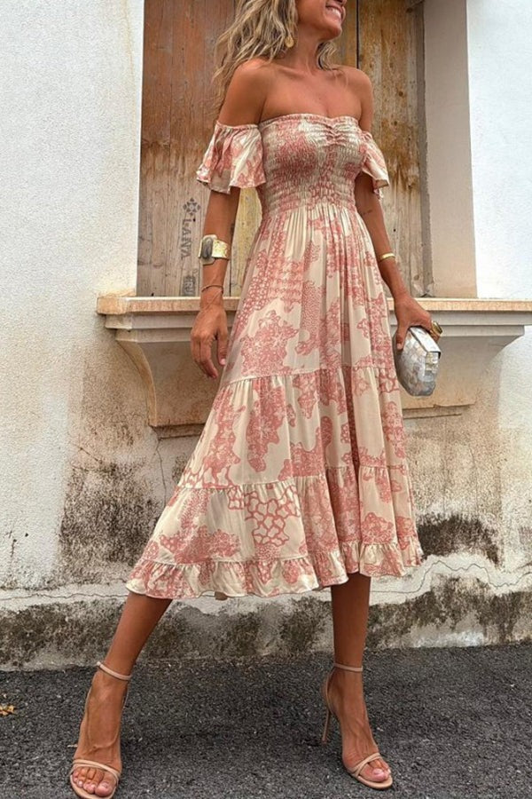 Pitaya Unique Print Off Shoulder Smocked Ruffle Sleeve Layered Midi Dress Beige