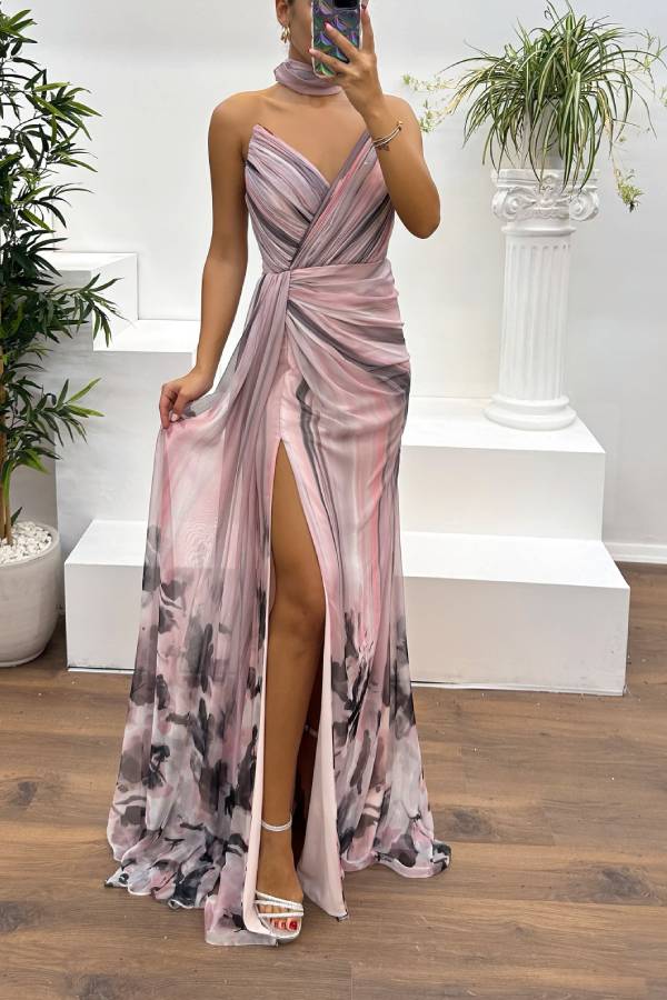 In A Dreamland Chiffon Floral Print Off Shoulder Pleated Scarf Slit Maxi Dress Pink