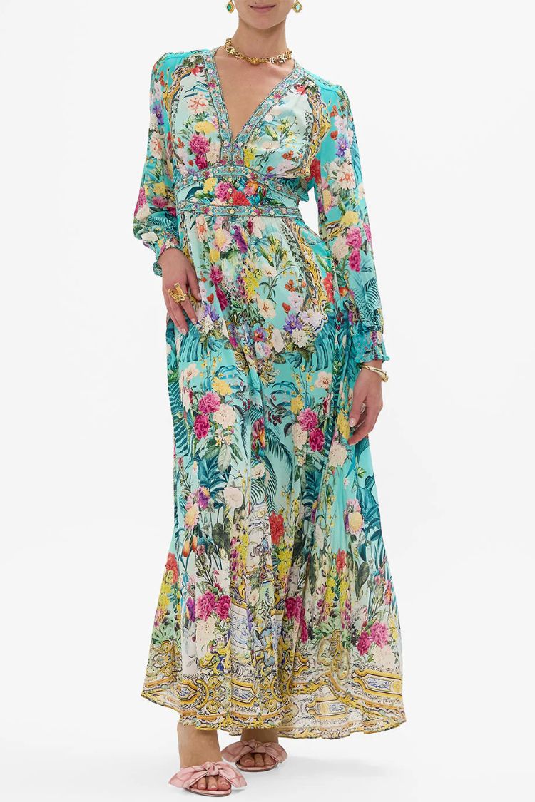 Printed V-neck Long-sleeved Puff Sleeve Waist Maxi Dress