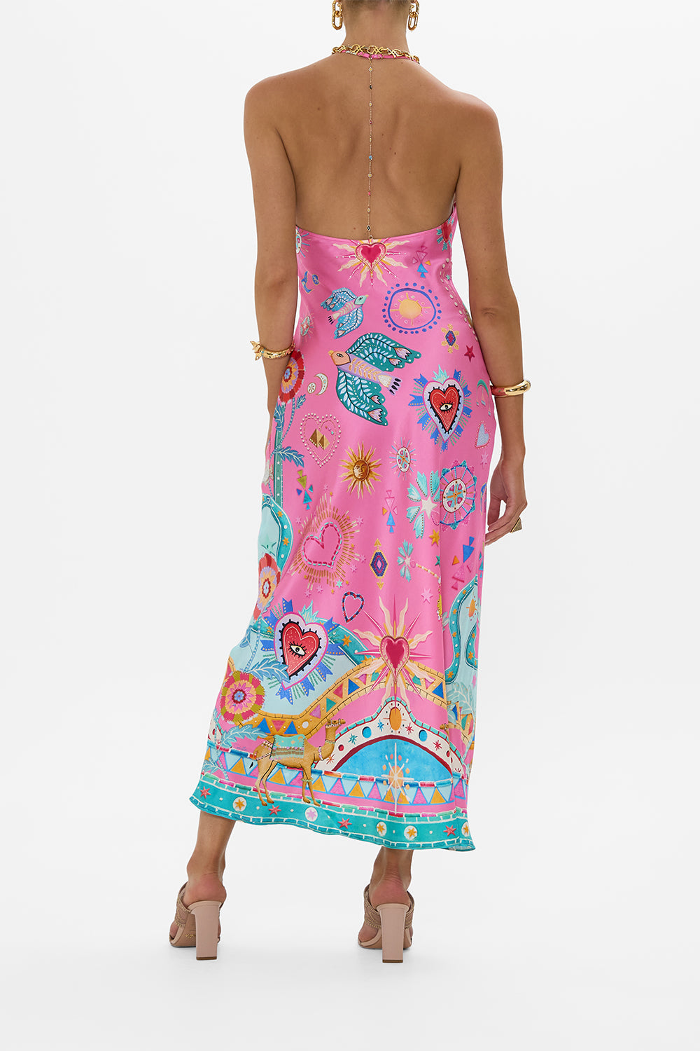 Effortless Chic Satin Unique Print Back Chain Detail Slip Maxi Dress