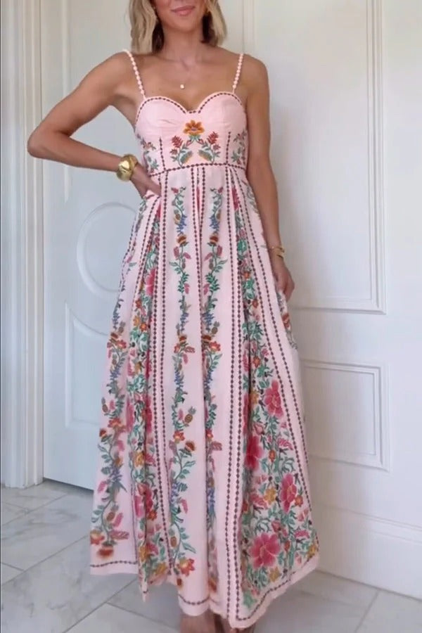 Delicate Forest Unique Print Sweetheart Neck Beaded Straps Maxi Dress Pink