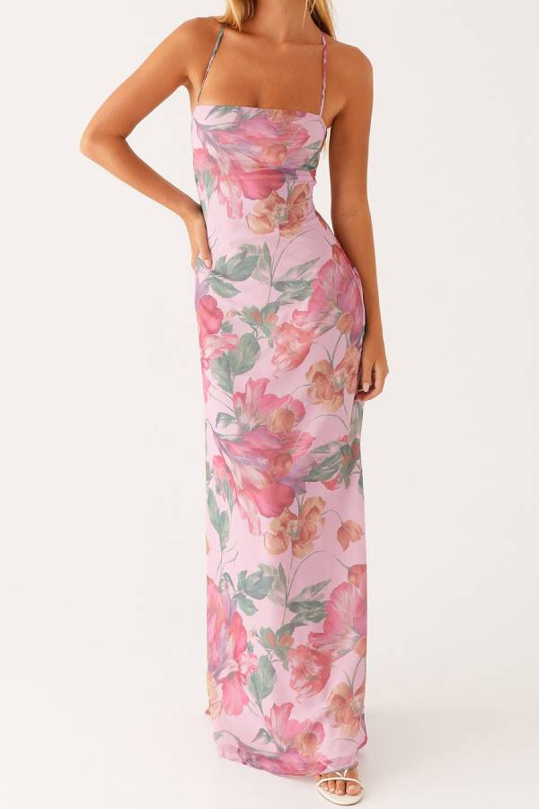 Watercolor Floral Spaghetti Strap Waist-Cinched Maxi Dress