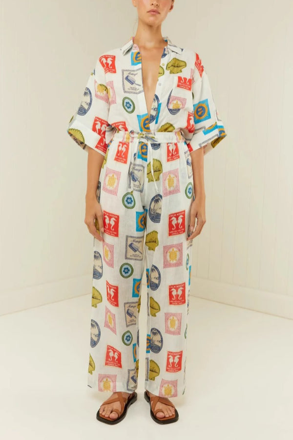 Fashion Printed Linen Casual All-match Shirt Cardigan Trousers