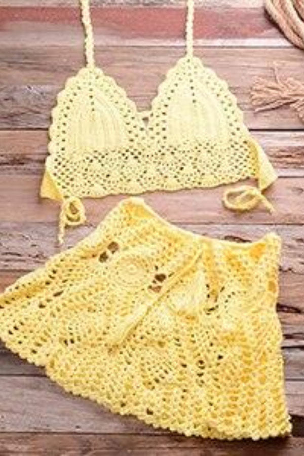 Crochet Two Pieces Swimsuit Yellow