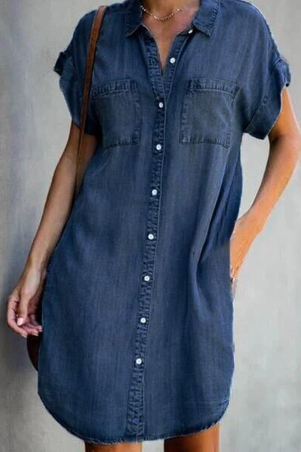 short sleeve slim denim midi dress Navy blue