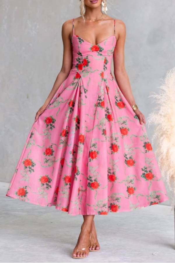 French Floral V-Neck Spaghetti Strap Fit-and-Flare Midi Dress