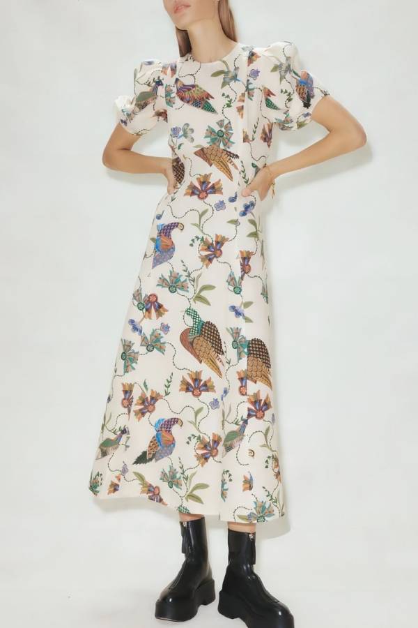 Vintage Floral & Bird Print Puff-Sleeve Waisted Midi Dress