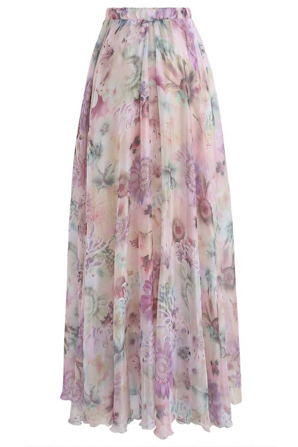 Sunflower Blossom Watercolor Chiffon Maxi Skirt in Pink