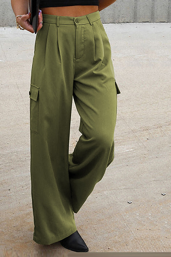 Solid color fashion loose high waist all-match overalls Green