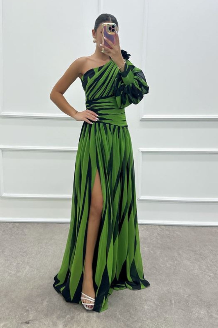 One-Shoulder Rose Detail Patterned Design Dress Green