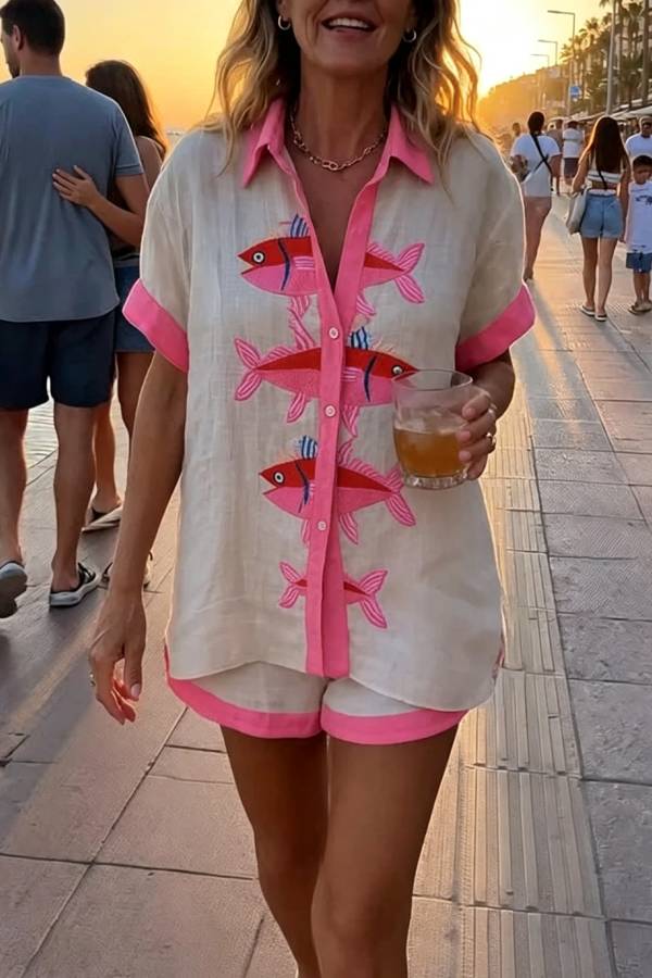 Vivica Linen Blend Unique Print Short Sleeve Blouse and Elastic Waist Pocket Loose Shorts Set