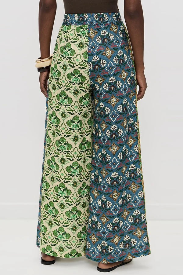 Colorblock Linen Blend Floral Print Short Sleeve Loose Blouse and Elastic Waist Pocket Wide Leg Pants Set