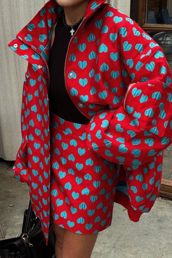 Heart Printed Cotton-padded Skirt Set Red