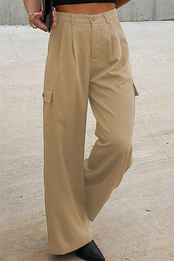 Solid color fashion loose high waist all-match overalls Khaki