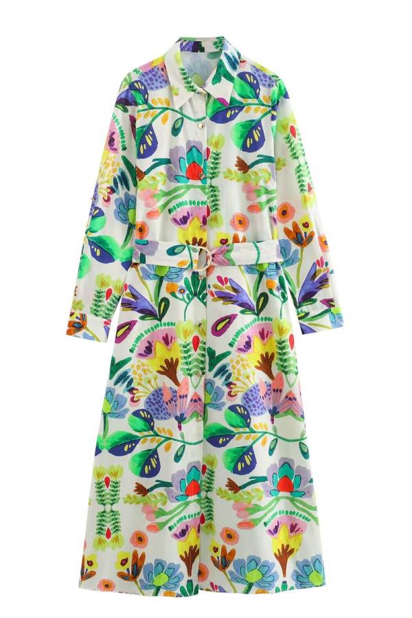 Fashion Belted Floral Print Shirt Dress