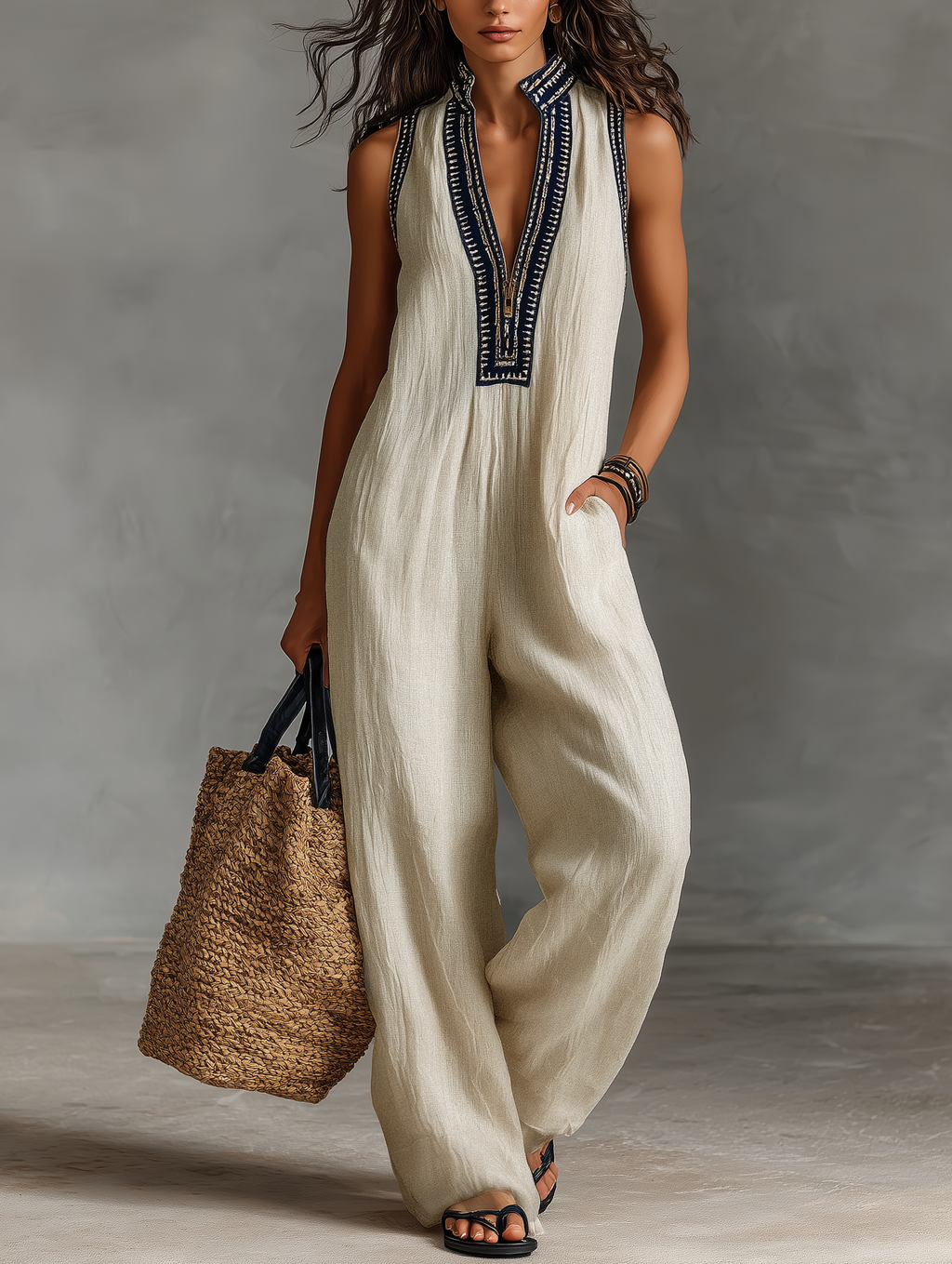 Elizabeth- High Neck Embroidered Zip Jumpsuit