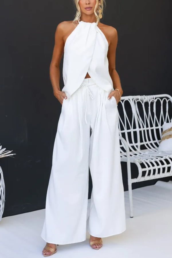 Ensemble haut sans manches à fente licou et pantalon large à taille paperbag