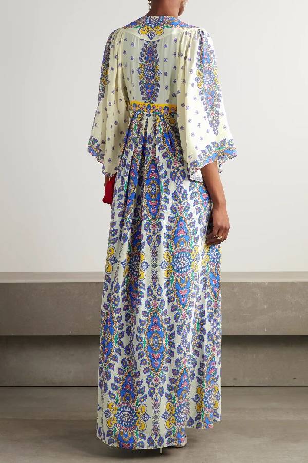 Boho Vintage Print V‑Neck Flare Sleeve Maxi Dress
