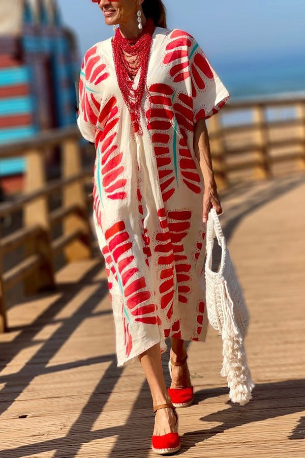 Kimono Sleeve Oversized Blouse Dress Red F