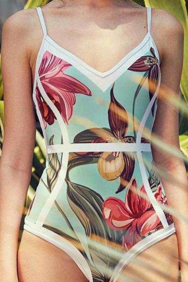 Fresh Open Back Printed One-piece Swimsuit Green