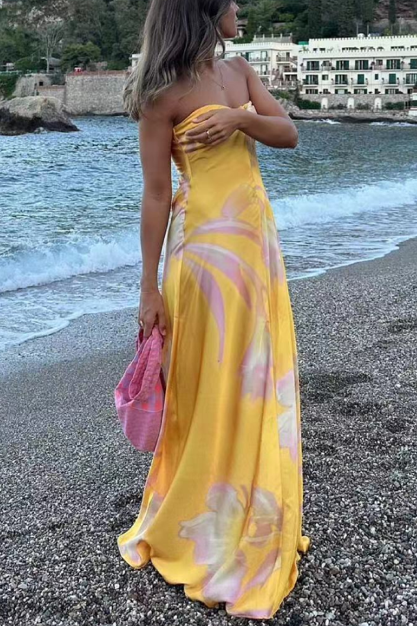 Temperamental Satin Textured Printed Tube Top Dress Yellow