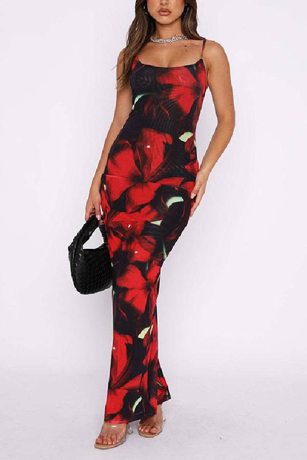 U Neck Hibiscus Print Bodycon Maxi Cami Dress Red